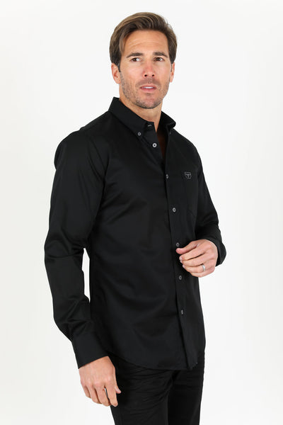 Men’s Single Pocket Logo Modern Fit Stretch Dress Shirt - Black