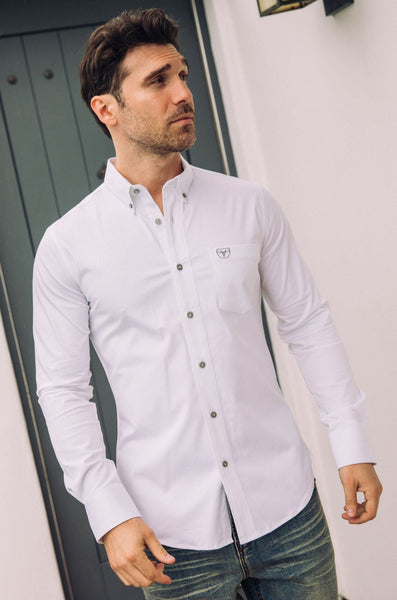 Men’s Single Pocket Logo Modern Fit Stretch Dress Shirt - White