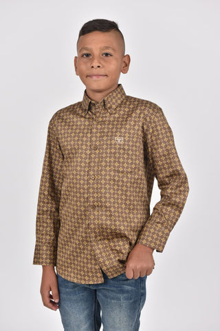 Kid's Cotton Brown Monogram Digital Print Dress Shirt