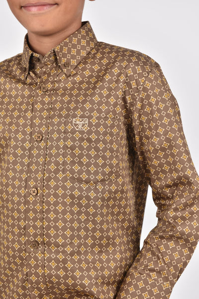 Kid's Cotton Brown Monogram Digital Print Dress Shirt