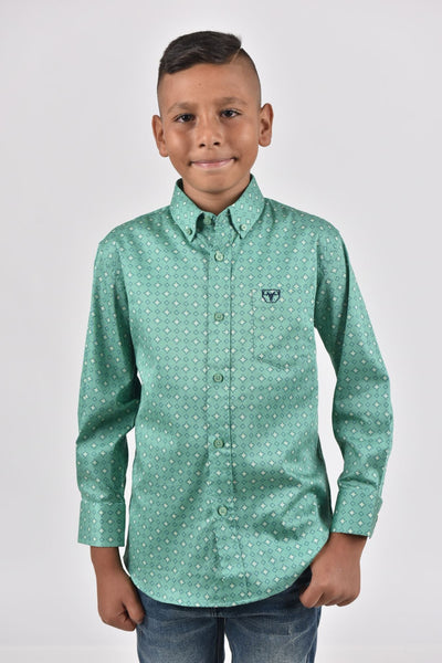 Kid's Cotton Green Monogram Digital Print Dress Shirt