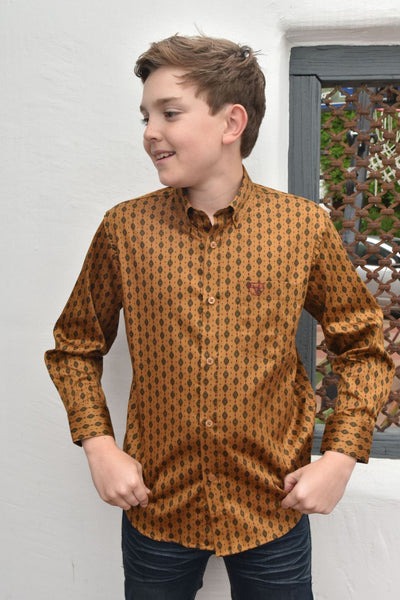 Kid's Cotton Gold Aztec Digital Print Dress Shirt