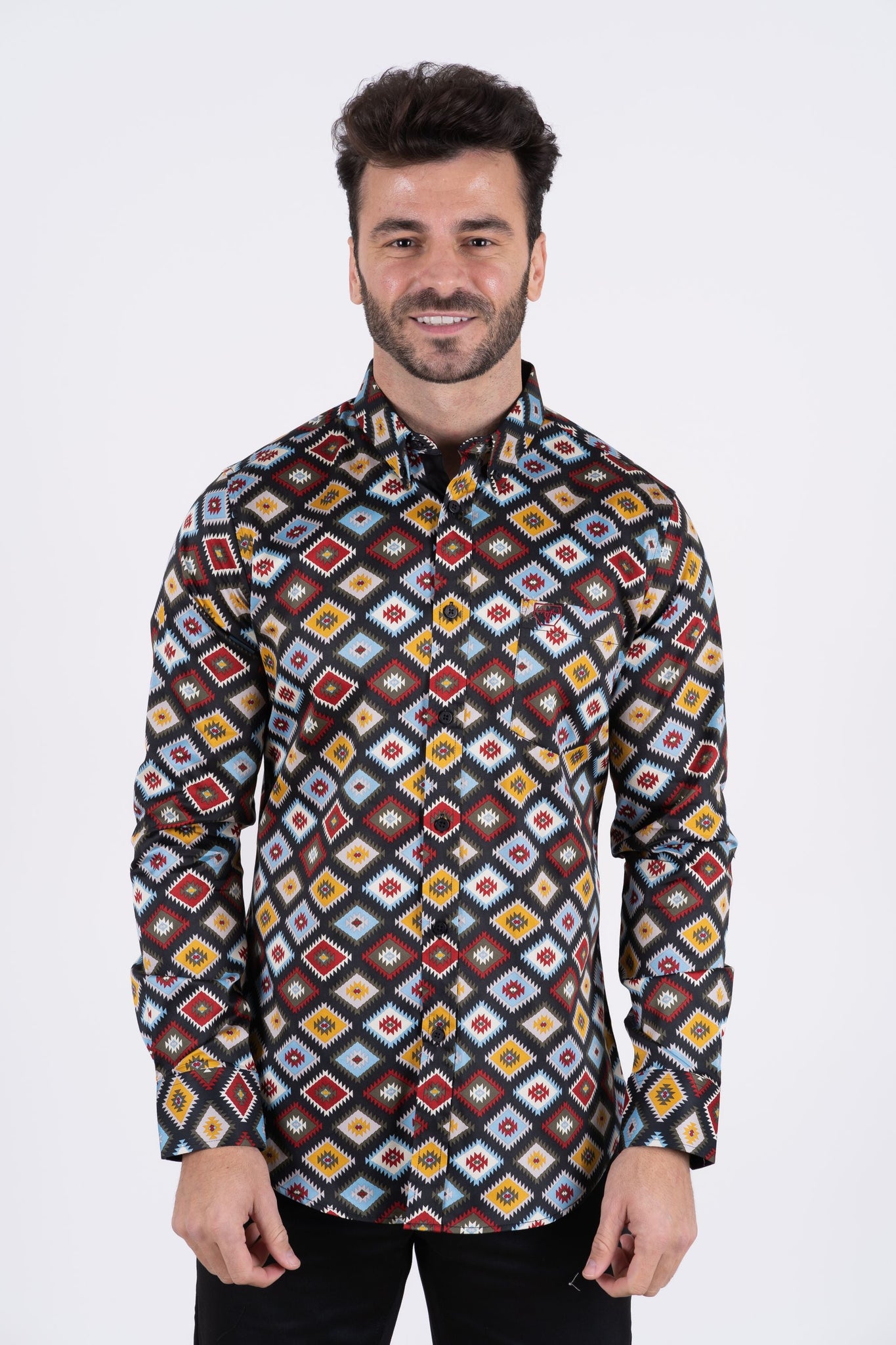 Men's Cotton Black Digital Print Dress Shirt