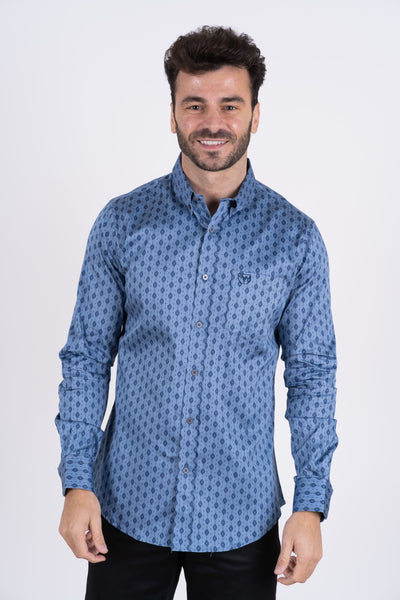 Men's Cotton Blue Aztec Digital Print Dress Shirt