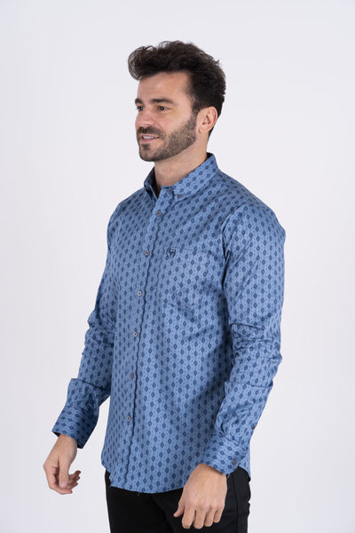 Men's Cotton Blue Aztec Digital Print Dress Shirt