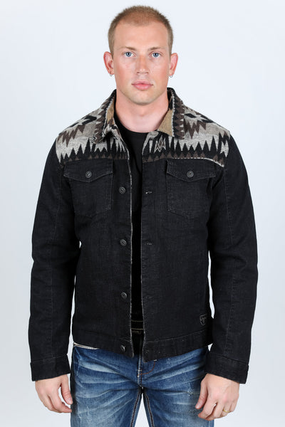 Mens Ethnic Aztec Denim Jacket - Dark Indigo