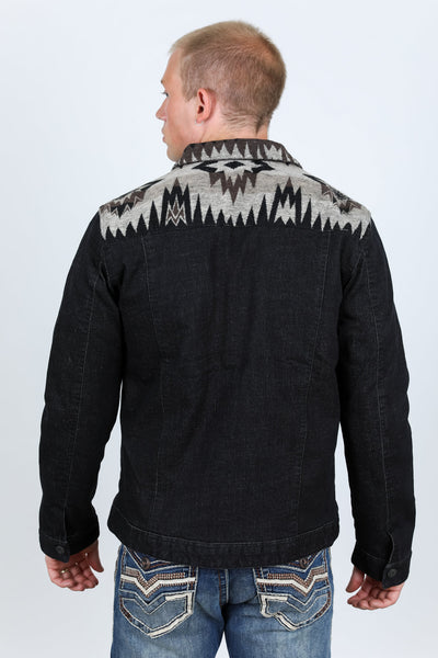 Mens Ethnic Aztec Denim Jacket - Dark Indigo