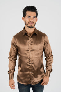 Men's Satin Brown Dress Shirt