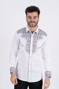 Men's Cotton White Embroidery Western Shirt