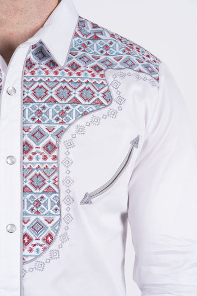 Men's Cotton White Embroidery Western Shirt