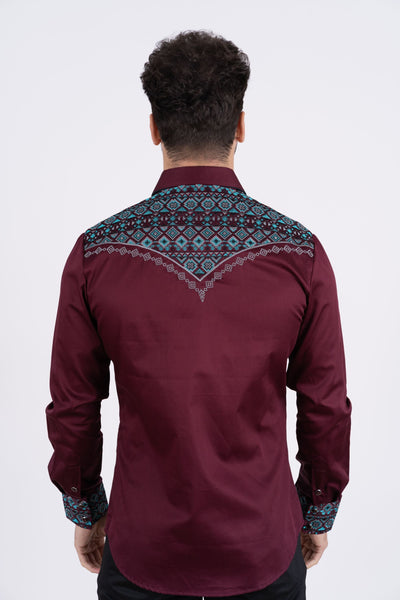 Men's Cotton Burgundy Embroidery Western Shirt