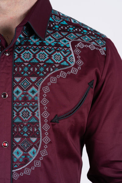 Men's Cotton Burgundy Embroidery Western Shirt