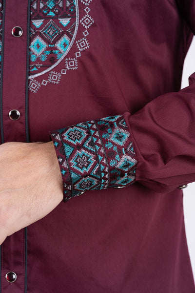 Men's Cotton Burgundy Embroidery Western Shirt