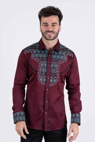 Men's Cotton Burgundy Embroidery Western Shirt