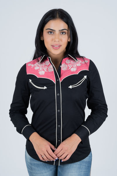 Ladies Cotton Black Embroidery Western Shirt With Suede