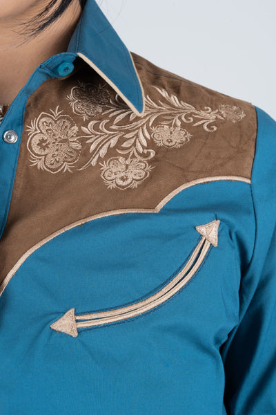 Ladies Cotton Blue Embroidery Western Shirt With Suede