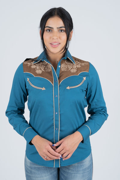 Ladies Cotton Blue Embroidery Western Shirt With Suede