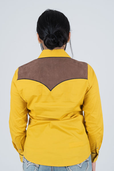 Ladies Cotton Mustard Embroidery Western Shirt With Suede