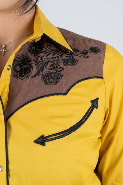 Ladies Cotton Mustard Embroidery Western Shirt With Suede