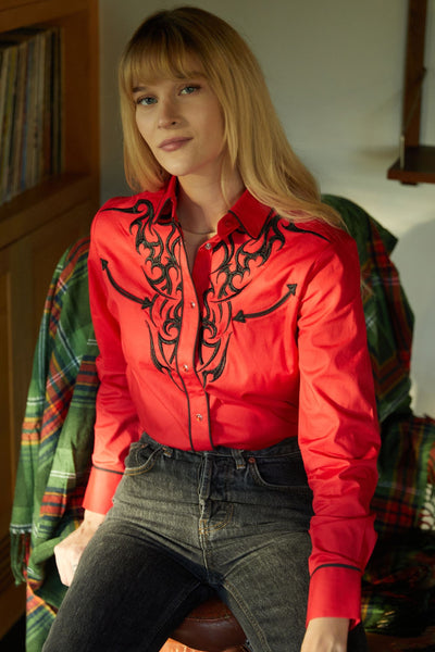 Ladies Cotton Red Embroidery Western Shirt