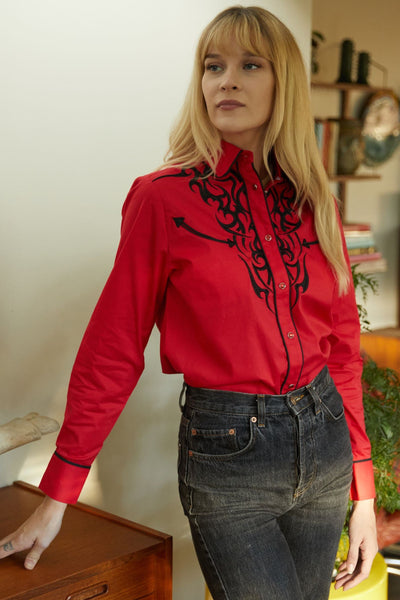 Ladies Cotton Red Embroidery Western Shirt