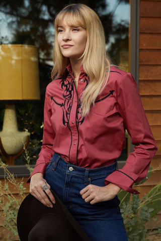 Ladies Cotton Pink Embroidery Western Shirt