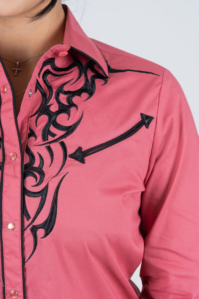 Ladies Cotton Pink Embroidery Western Shirt