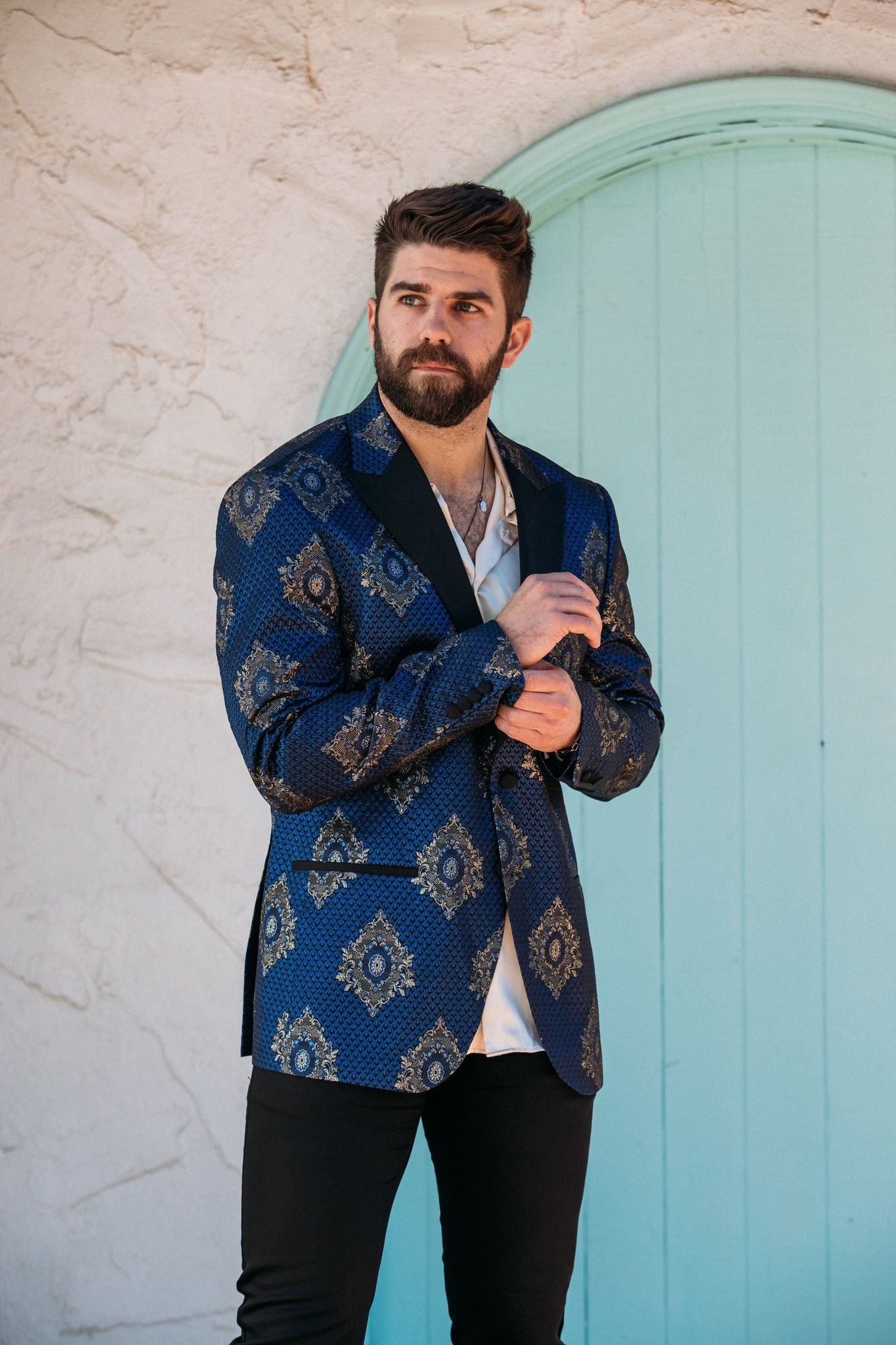 Men's Double Button Navy Woven Printed Blazer