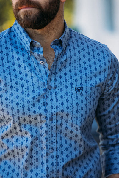 Men's Cotton Blue Aztec Digital Print Dress Shirt