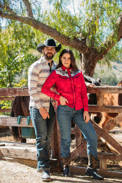 Ladies Cotton Red Embroidery Western Shirt With Suede