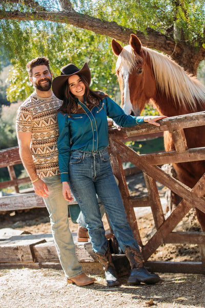 Ladies Cotton Blue Embroidery Western Shirt With Suede