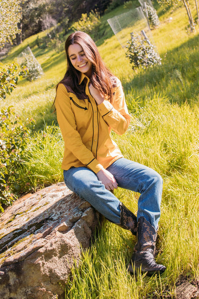 Ladies Cotton Mustard Embroidery Western Shirt With Suede