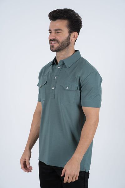 Mens Pearl Snap Buttons Teal Western Polo