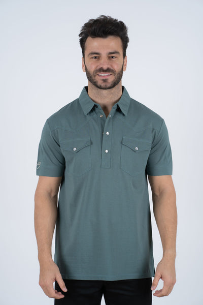 Mens Pearl Snap Buttons Teal Western Polo