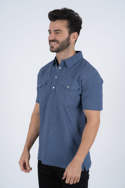 Mens Pearl Snap Buttons Navy Western Polo