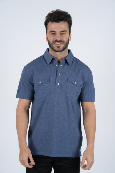 Mens Pearl Snap Buttons Navy Western Polo