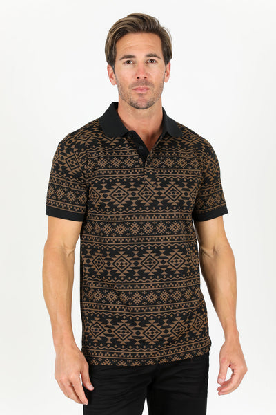 Men's Cotton Modern Fit Black Aztec Printed Polo