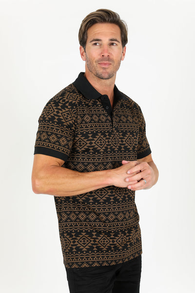 Men's Cotton Modern Fit Black Aztec Printed Polo