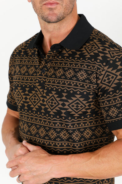 Men's Cotton Modern Fit Black Aztec Printed Polo