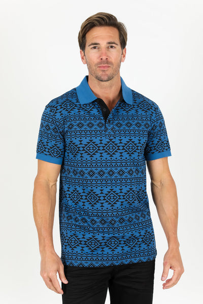 Men's Cotton Modern Fit Blue Aztec Printed Polo