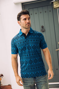 Men's Cotton Modern Fit Blue Aztec Printed Polo