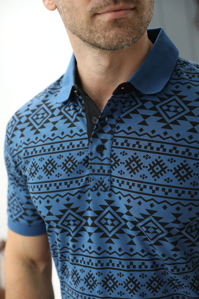 Men's Cotton Modern Fit Blue Aztec Printed Polo