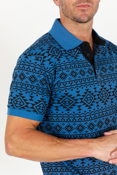 Men's Cotton Modern Fit Blue Aztec Printed Polo