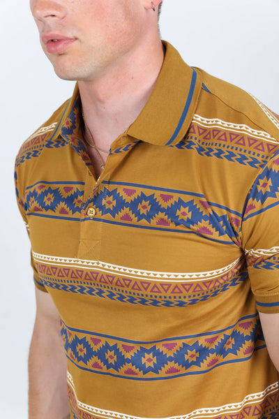 Cotton Modern Fit Aztec Printed Polo - Camel