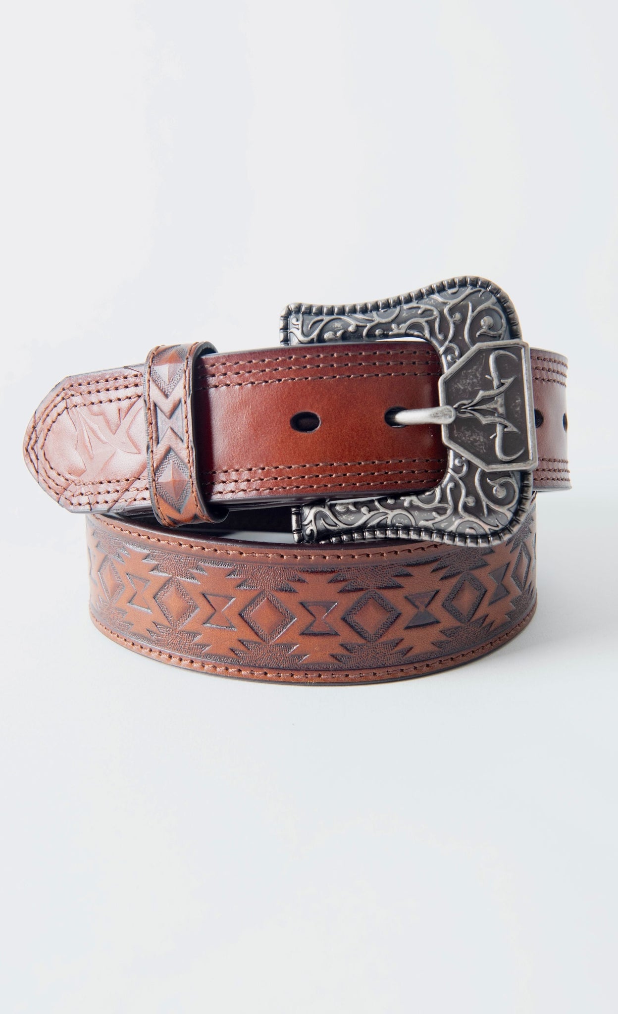 Mens Genuine Leather Aztec 3D Embossed Belt - Brown