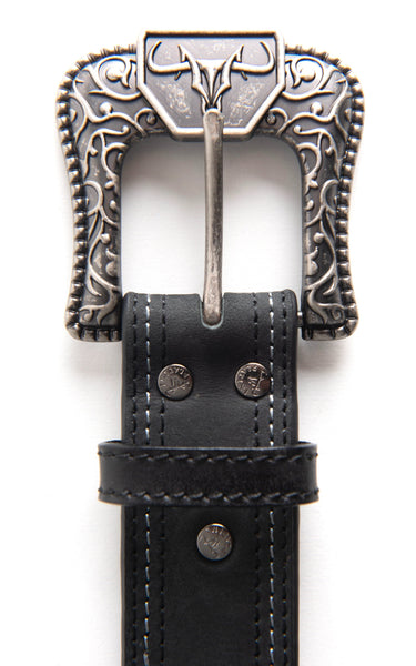 Mens Genuine Leather Aztec Embroidery Belt - Black