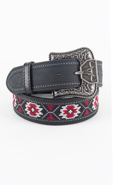 Mens Genuine Leather Aztec Embroidery Belt - Black