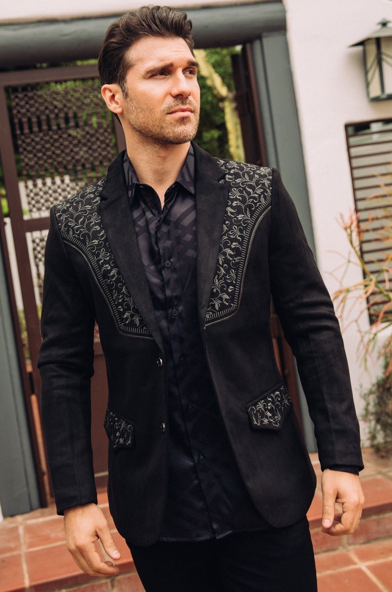 Men's Black Embroidered Faux-Suede Blazer