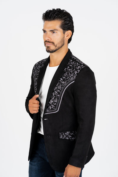 Men's Black Embroidered Faux-Suede Blazer