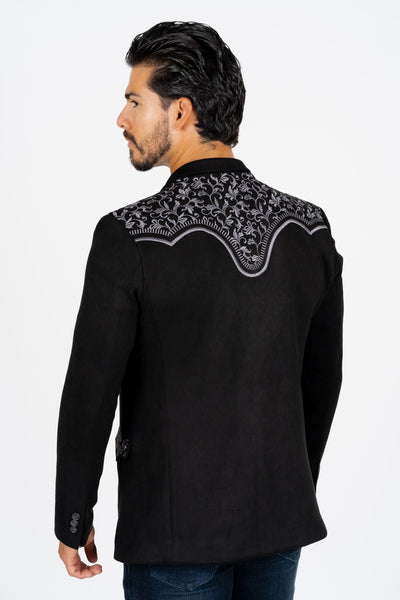 Men's Black Embroidered Faux-Suede Blazer